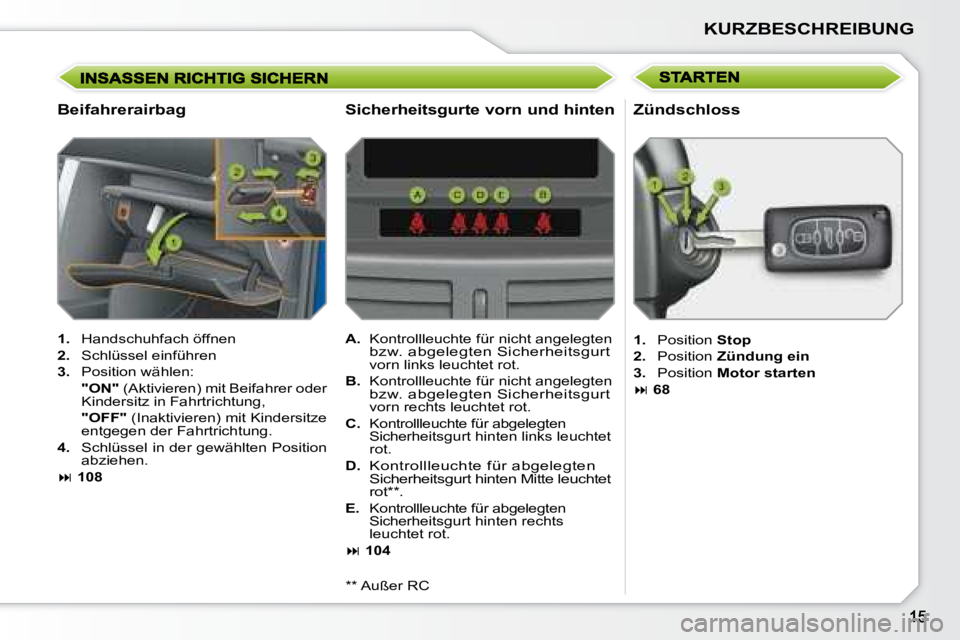 PEUGEOT 207 2008 Betriebsanleitungen (in German) KURZBESCHREIBUNG
Beifahrerairbag
1. Handschuhfach öffnen
2. Schlüssel einführen
3. Position wählen:
"ON" (Aktivieren) mit Beifahrer oder
Kindersitz in Fahrtrichtun PEUGEOT 207 2008 Betriebsanleitungen (in German) KURZBESCHREIBUNG
Beifahrerairbag
1. Handschuhfach öffnen
2. Schlüssel einführen
3. Position wählen:
"ON" (Aktivieren) mit Beifahrer oder
Kindersitz in Fahrtrichtun