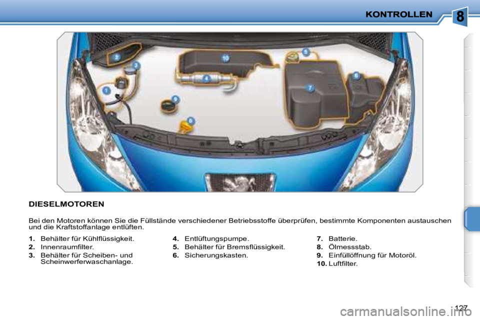 PEUGEOT 207 2008  Betriebsanleitungen (in German) 127
           DIESELMOTOREN 
 Bei den Motoren können Sie die Füllstände verschiedener Betriebsstoffe überprüfen, bestimmte Komponenten austauschen 
und die Kraftstoffanlage entlüften.  
   
1. 