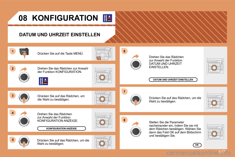 PEUGEOT 207 2008 Betriebsanleitungen (in German) 197
ESCLIST
MENU
ESC
MENU LIST
ESC
MENU LIST
ESC
MENU LIST
ESC
MENU LIST
MENU
ESC
MENU LIST
ESC
MENU LIST
11
22
33
44
55
66
77
88
ESC
MENU LIST
08 KONFIGURATION
DATUM UND UHRZEIT EINSTELLEN
PEUGEOT 207 2008 Betriebsanleitungen (in German) 197
ESCLIST
MENU
ESC
MENU LIST
ESC
MENU LIST
ESC
MENU LIST
ESC
MENU LIST
MENU
ESC
MENU LIST
ESC
MENU LIST
11
22
33
44
55
66
77
88
ESC
MENU LIST
08 KONFIGURATION
DATUM UND UHRZEIT EINSTELLEN