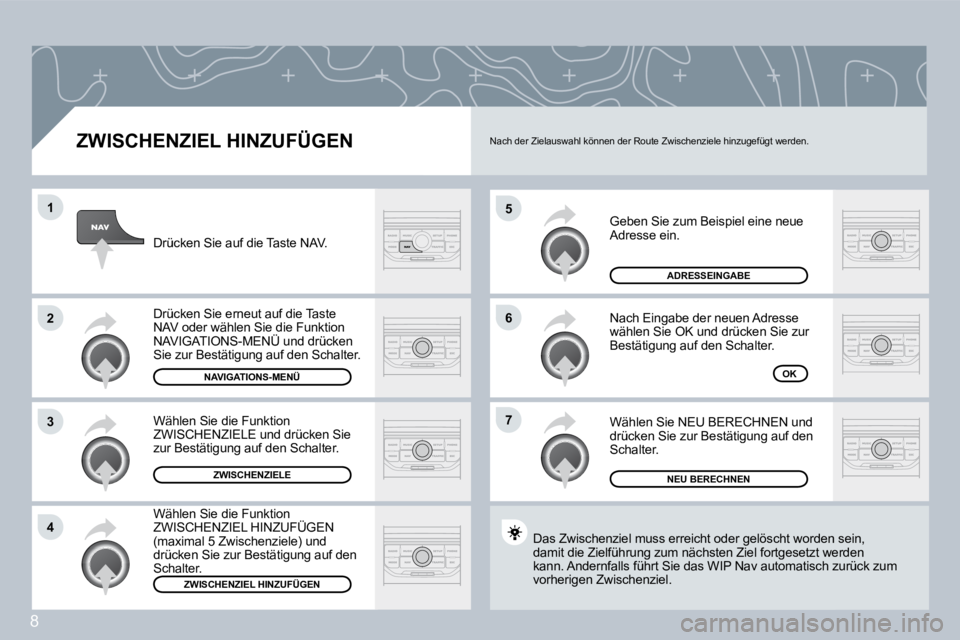 PEUGEOT 207 2008  Betriebsanleitungen (in German) 8
�5
�6
�7
�1
�2
�3
�4
� � �Z�W�I�S�C�H�E�N�Z�I�E�L� �H�I�N�Z�U�F�Ü�G�E�N� 
 Geben Sie zum Beispiel eine neue Adresse ein. 
 Nach Eingabe der neuen Adresse wählen Sie OK und drücken Sie zur Bestät