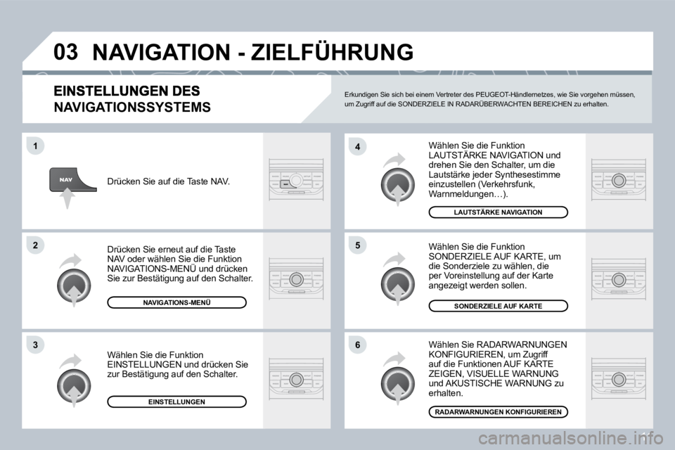 PEUGEOT 207 2008  Betriebsanleitungen (in German) 11
�0�3
�6
�4
�5
�1
�2
�3
�N�A�V�I�G�A�T�I�O�N�S�S�Y�S�T�E�M�S� 
 Wählen Sie die Funktion LAUTSTÄRKE NAVIGATION und drehen Sie den Schalter, um die Lautstärke jeder Synthesestimme einzustellen (Ver