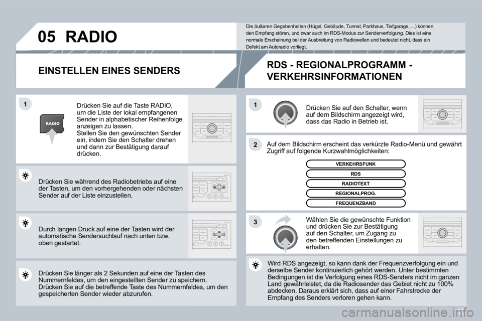 PEUGEOT 207 2008  Betriebsanleitungen (in German) 13
�1�1
�2
�3
�0�5
  EINSTELLEN EINES SENDERS 
 Drücken Sie auf den Schalter, wenn auf dem Bildschirm angezeigt wird, dass das Radio in Betrieb ist. 
 Auf dem Bildschirm erscheint das verkürzte Radi