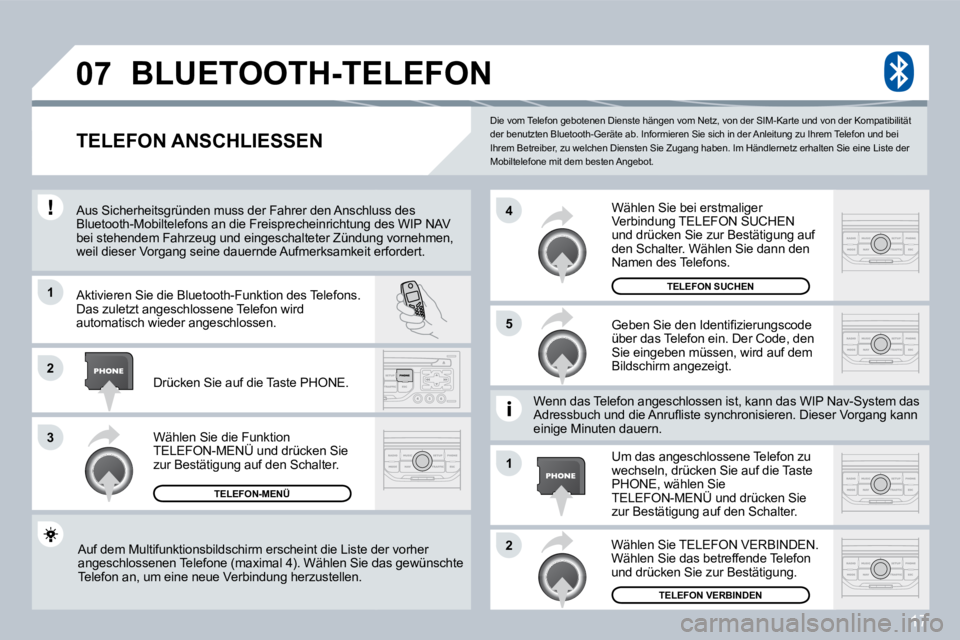 PEUGEOT 207 2008  Betriebsanleitungen (in German) 17
�0�7
�1
�3
�5
�4
�2
�1
�2
 Die vom Telefon gebotenen Dienste hängen vom Netz, von der SIM-Karte und von der Kompatibilität der benutzten Bluetooth-Geräte ab. Informieren Sie sich in der Anleitun