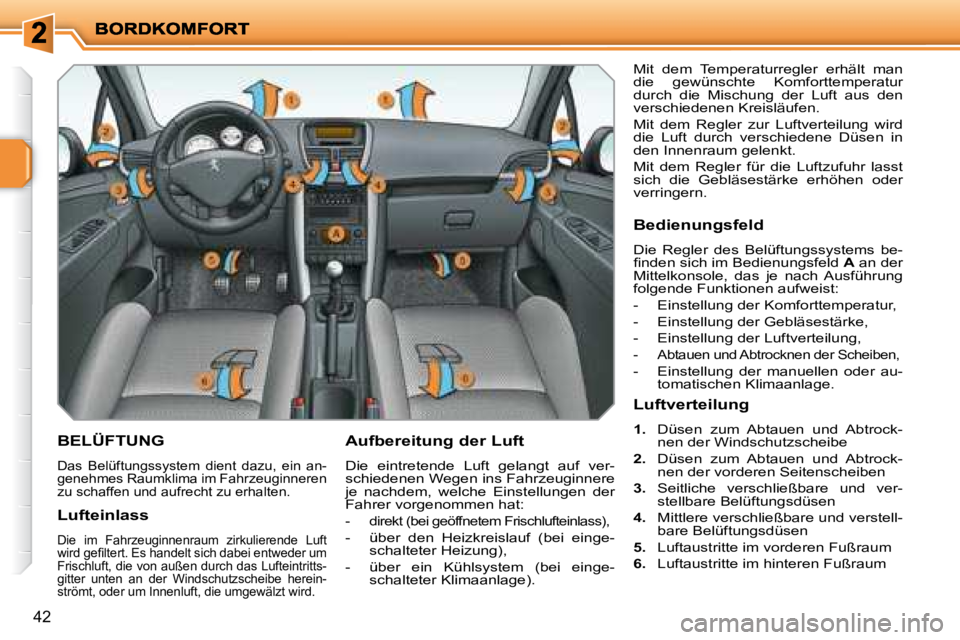PEUGEOT 207 2008  Betriebsanleitungen (in German) 42
       BELÜFTUNG 
 Das  Belüftungssystem  dient  dazu,  ein  an- 
genehmes Raumklima im Fahrzeuginneren 
zu schaffen und aufrecht zu erhalten. 
  Aufbereitung der Luft  
 Die  eintretende  Luft  