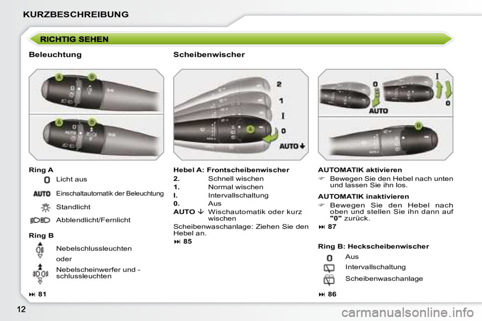 PEUGEOT 207 2008  Betriebsanleitungen (in German) KURZBESCHREIBUNG
  Beleuchtung  
  Ring A   AUTOMATIK aktivieren  
   
�    Bewegen Sie den Hebel nach unten 
und lassen Sie ihn los.   
  Ring B    Hebel A: Frontscheibenwischer 
  
2.    Schnell 
