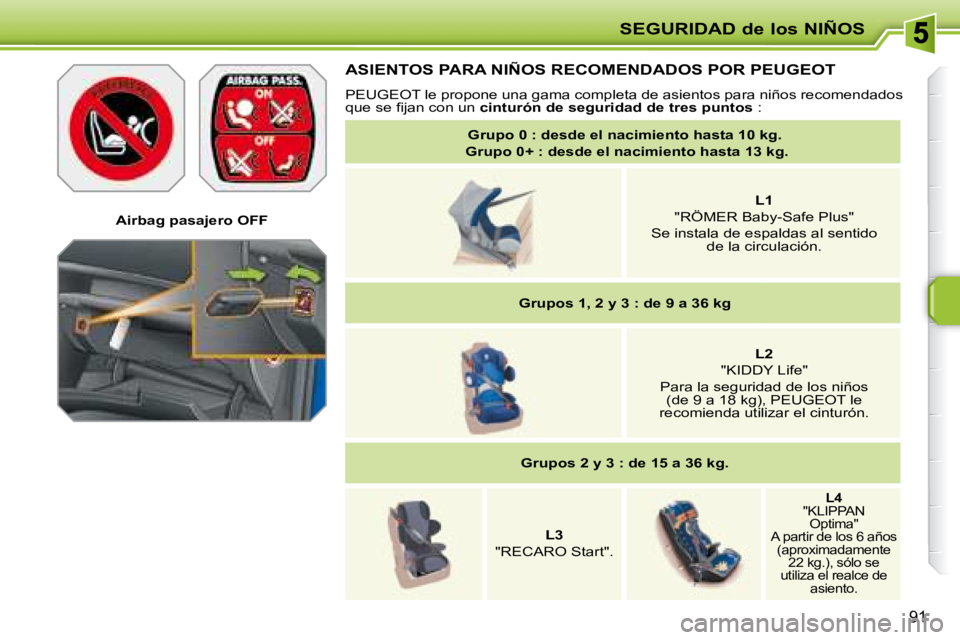 PEUGEOT 207 2008  Manual del propietario (in Spanish) SEGURIDAD de los NIÑOS
91
   Airbag pasajero OFF   
   ASIENTOS PARA NIÑOS RECOMENDADOS POR  PEUGEOT  
  PEUGEOT  le propone una gama completa de asientos para niños recomendados 
�q�u�e� �s�e� �