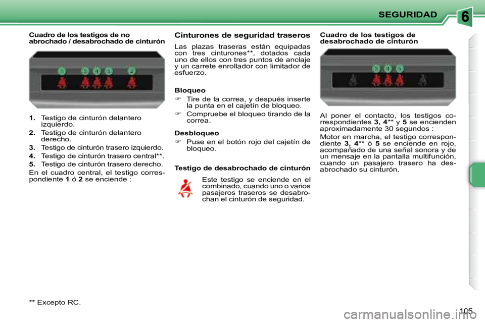 PEUGEOT 207 2008  Manual del propietario (in Spanish) SEGURIDAD
105
   
1.    Testigo de cinturón delantero 
izquierdo. 
  
2.    Testigo de cinturón delantero 
derecho. 
  
3.    Testigo de cinturón trasero izquierdo. 
  
4.    Testigo de cinturón t