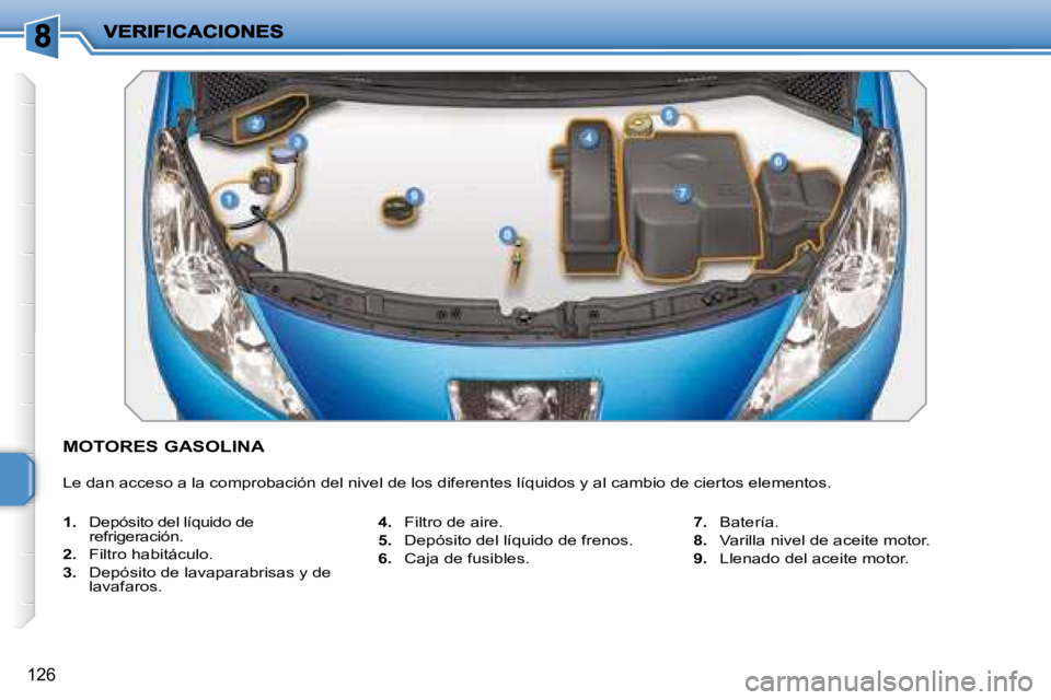 PEUGEOT 207 2008  Manual del propietario (in Spanish) 126
           MOTORES GASOLINA 
 Le dan acceso a la comprobación del nivel de los diferentes líquidos y al cambio de ciertos elementos. 
   
1.    Depósito del líquido de 
refrigeración. 
  
2. 