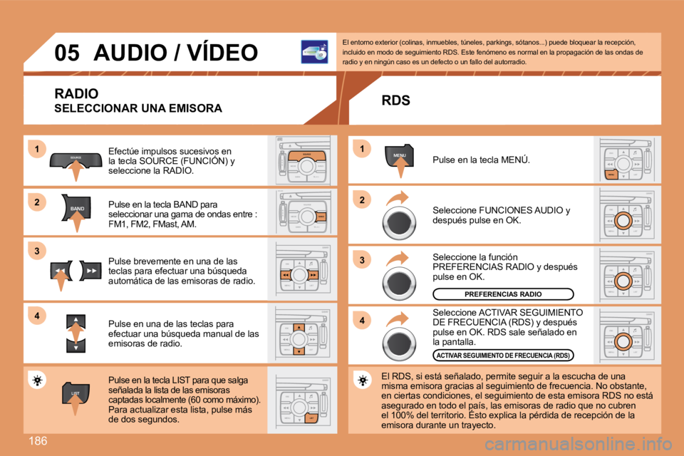PEUGEOT 207 2008  Manual del propietario (in Spanish) 186
11
22
33
44
S
O S SOURCE
MODE BAND TPT
A  Y
DARKSOURCE
S
O S SOURCE
MODE BAND TPT
A  Y
DARKBAND
SOURCE
BAND
ESC
MENU LIST
LIST
ESC LIST
MENU
MENU
ESC
MENU LIST
ESC
MENU LIST
ESC
MENU LIST
11
22
33