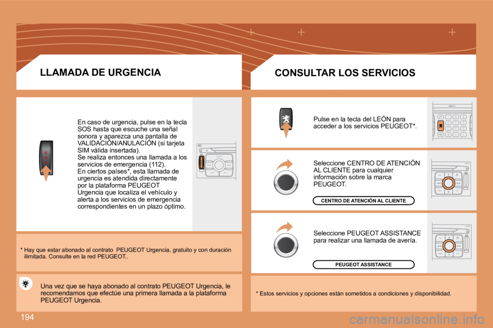 PEUGEOT 207 2008 Manual del propietario (in Spanish) 194
S
O
SS
O SSOURCE
MODE BAND TPT
A Y
DARK
2
abc
5
jkl
8
tuv 3
def
6
mno
9
wxyz
1 4
ghi
r
7
pq s
0 #
ESC
MENU LIST
ESC
MENU LIST
LLAMADA DE URGENCIA
En caso de urgencia, pulse en la tecla SOS ha PEUGEOT 207 2008 Manual del propietario (in Spanish) 194
S
O
SS
O SSOURCE
MODE BAND TPT
A Y
DARK
2
abc
5
jkl
8
tuv 3
def
6
mno
9
wxyz
1 4
ghi
r
7
pq s
0 #
ESC
MENU LIST
ESC
MENU LIST
LLAMADA DE URGENCIA
En caso de urgencia, pulse en la tecla SOS ha