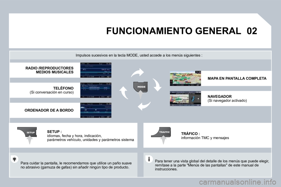 PEUGEOT 207 2008  Manual del propietario (in Spanish) 3
�0�2 FUNCIONAMIENTO GENERAL 
 Para tener una vista global del detalle de los menús que puede elegir, remítase a la parte "Menús de las pantallas" de est e manual de instrucciones.  
  Impulsos su