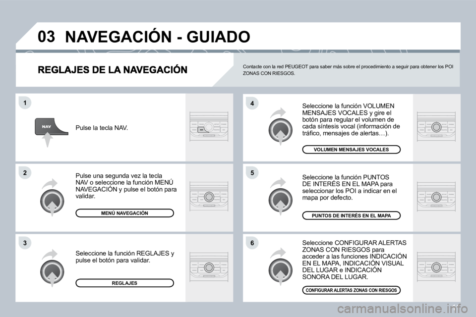 PEUGEOT 207 2008  Manual del propietario (in Spanish) 11
�0�3
�6
�4
�5
�1
�2
�3
 Seleccione la función VOLUMEN MENSAJES VOCALES y gire el botón para regular el volumen de cada síntesis vocal (información de �t�r�á�ﬁ� �c�o�,� �m�e�n�s�a�j�e�s� �d�e