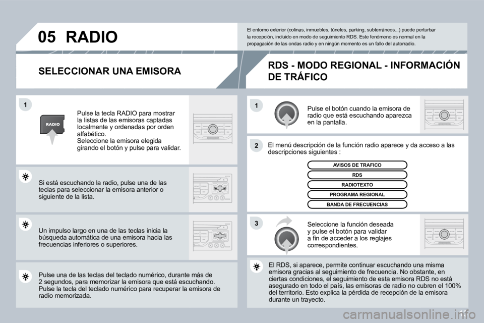 PEUGEOT 207 2008  Manual del propietario (in Spanish) 13
�1�1
�2
�3
�0�5
  SELECCIONAR UNA EMISORA 
 Pulse el botón cuando la emisora de radio que está escuchando aparezca en la pantalla. 
 El menú descripción de la función radio aparece y da ac da 