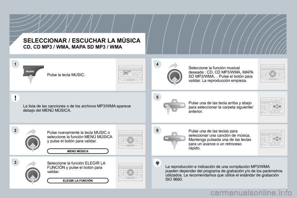 PEUGEOT 207 2008  Manual del propietario (in Spanish) 15
�1
�2
�3
�5
�4
�6
  SELECCIONAR / ESCUCHAR LA MÚSICA  
�C�D�,� �C�D� �M�P�3� �/� �W�M�A�,� �M�A�P�A� �S�D� �M�P�3� �/� �W�M�A� 
 La reproducción e indicación de una compilación MP3/W MP3/WMA pu