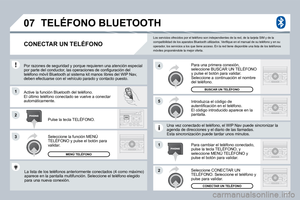 PEUGEOT 207 2008  Manual del propietario (in Spanish) 17
�0�7
�1
�3
�5
�4
�2
�1
�2
 Los servicios ofrecidos por el teléfono son independientes de la red, de la tarjeta SIM y de la �c�o�m�p�a�t�i�b�i�l�i�d�a�d� �d�e� �l�o�s� �a�p�a�r�a�t�o�s� �B�l�u�e�t�