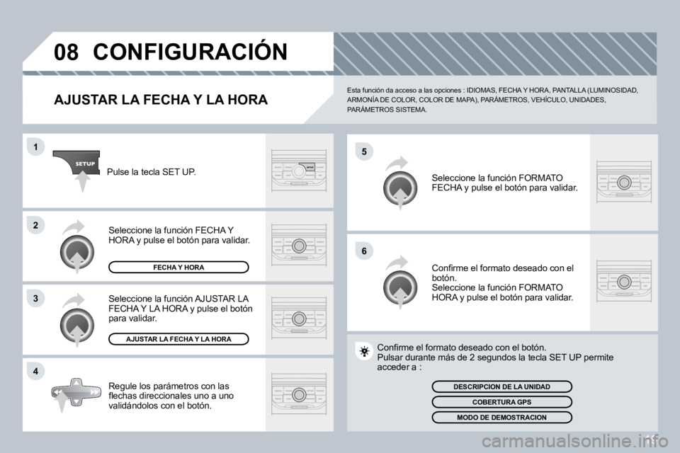 PEUGEOT 207 2008  Manual del propietario (in Spanish) 19
�0�8
�5
�6
�1
�2
�3
�4
 CONFIGURACIÓN 
  AJUSTAR LA FECHA Y LA HORA 
 Esta función da acceso a las opciones : IDIOMAS, FECHA Y HORA, PANTALLA (LUMINOSIDAD, ARMONÍA DE COLOR, COLOR DE MAPA), PAR