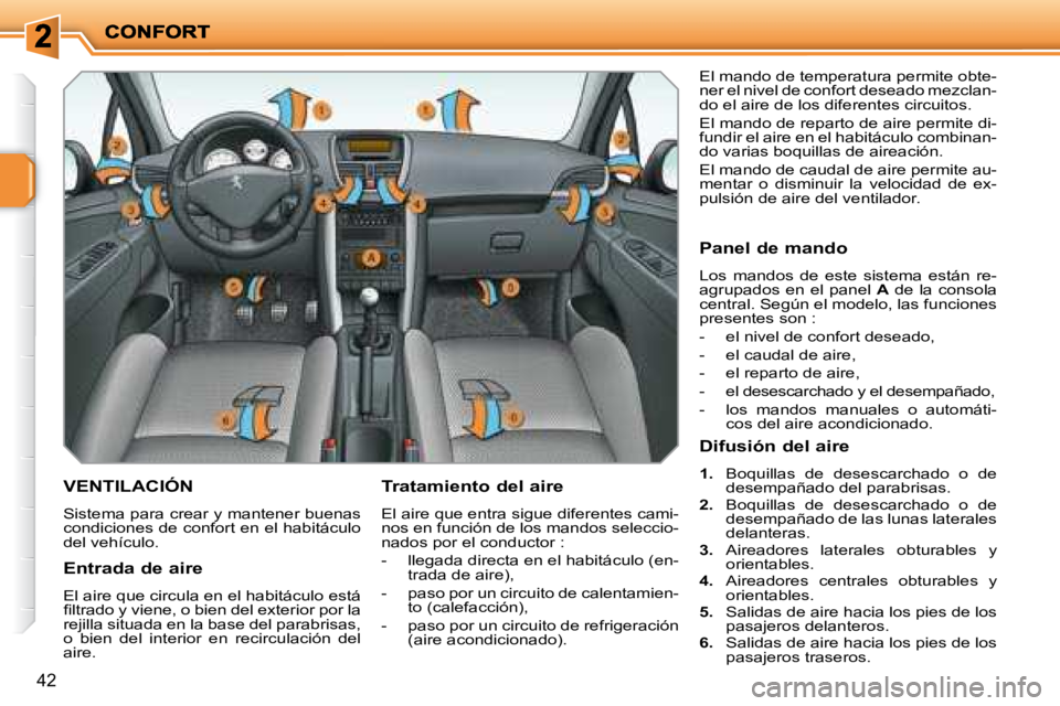 PEUGEOT 207 2008  Manual del propietario (in Spanish) 42
       VENTILACIÓN 
 Sistema para crear y mantener buenas  
condiciones de confort en el habitáculo 
del vehículo.   Tratamiento del aire  
 El aire que entra sigue diferentes cami- 
nos en func