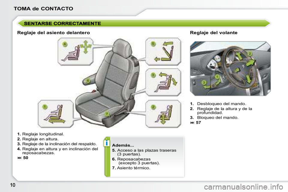 PEUGEOT 207 2008  Manual del propietario (in Spanish) i
TOMA de CONTACTO
  
Además...   
  
5.    Acceso a las plazas traseras  
(3 puertas). 
  
6.    Reposacabezas 
� �(�e�x�c�e�p�t�o� �3� �p�u�e�r�t�a�s�)�.� 
  
7.   Asiento térmico.  
  Reglaje del