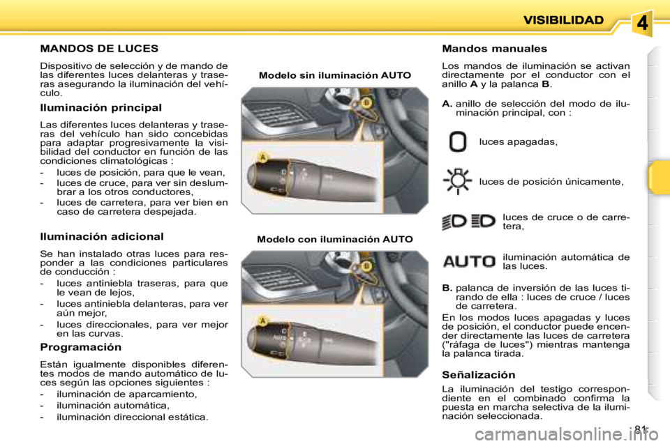 PEUGEOT 207 2008 Manual del propietario (in Spanish) 81
MANDOS DE LUCES
Dispositivo de selección y de mando de
las diferentes luces delanteras y trase-
ras asegurando la iluminación del vehí-
culo. Mandos manuales
PEUGEOT 207 2008 Manual del propietario (in Spanish) 81
MANDOS DE LUCES
Dispositivo de selección y de mando de
las diferentes luces delanteras y trase-
ras asegurando la iluminación del vehí-
culo. Mandos manuales