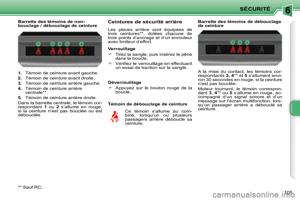 PEUGEOT 207 2008  Manuel du propriétaire (in French) SÉCURITÉ
105
   
1.    Témoin de ceinture avant gauche. 
  
2.    Témoin de ceinture avant droite. 
  
3.    Témoin de ceinture arrière gauche. 
  
4.    Témoin de ceinture arrière 
centrale *