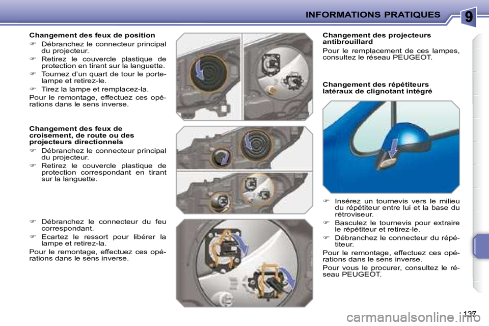 PEUGEOT 207 2008  Manuel du propriétaire (in French) INFORMATIONS PRATIQUES
137
  Changement des feux de position  
   
�    Débranchez  le  connecteur  principal 
du projecteur. 
  
�    Retirez  le  couvercle  plastique  de 
protection en tiran