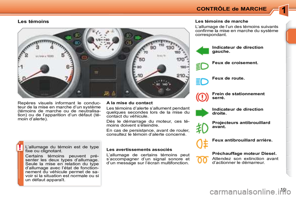 PEUGEOT 207 2008  Manuel du propriétaire (in French) !
CONTRÔLE de MARCHE
19
 L’allumage  du  témoin  est  de  type  
�ﬁ� �x�e� �o�u� �c�l�i�g�n�o�t�a�n�t�.�  
 Certains  témoins  peuvent  pré- 
senter  les  deux  types  d’allumage. 
Seule  la