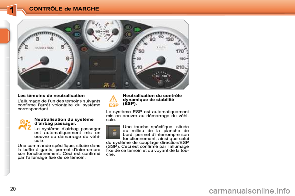 PEUGEOT 207 2008  Manuel du propriétaire (in French) CONTRÔLE de MARCHE
20
  Les témoins de neutralisation  
 L’allumage de l’un des témoins suivants  
�c�o�n�ﬁ� �r�m�e�  �l�’�a�r�r�ê�t�  �v�o�l�o�n�t�a�i�r�e�  �d�u�  �s�y�s�t�è�m�e� 
corre