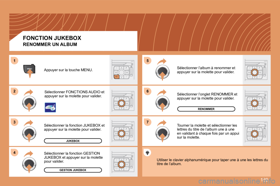 PEUGEOT 207 2008  Manuel du propriétaire (in French) 189
ESC
MENU LIST
ESC
MENU LIST
66
77
55
ESC
LIST
MENU
MENU
ESC
MENU LIST
22
33
44
11
ESC
MENU LIST
ESC
MENU LIST
ESC
MENU LIST
ESC
MENU LIST
JUKEBOX
RENOMMER
GESTION JUKEBOX
  RENOMMER UN ALBUM  
 Ap