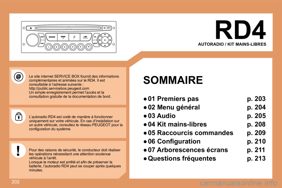 PEUGEOT 207 2008  Manuel du propriétaire (in French) 202
  RD4 
 AUTORADIO / KIT MAINS-LIBRES  
SOMMAIRE 
