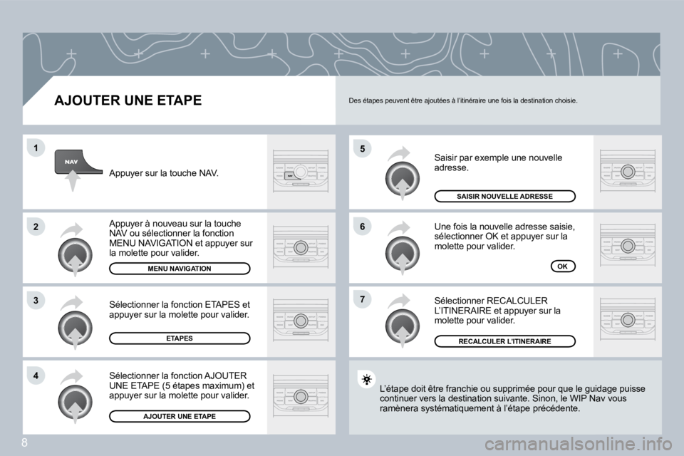 PEUGEOT 207 2008  Manuel du propriétaire (in French) 8
�5
�6
�7
�1
�2
�3
�4
  AJOUTER UNE ETAPE 
 Saisir par exemple une nouvelle adresse. 
 Une fois la nouvelle adresse saisie, �s�é�l�e�c�t�i�o�n�n�e�r� �O�K� �e�t� �a�p�p�u�y�e�r� �s�u�r� �l�a� molett