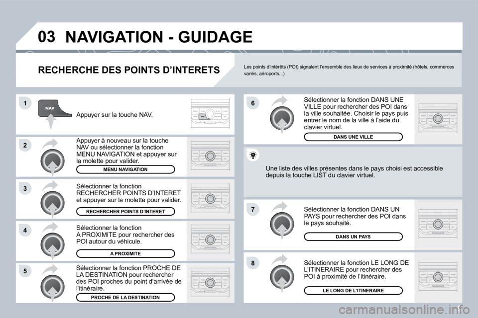 PEUGEOT 207 2008  Manuel du propriétaire (in French) 9
�0�3
�1
�2
�3
�4
�7
�8�5
�6
� �N�A�V�I�G�A�T�I�O�N� �-� �G�U�I�D�A�G�E� 
� � �R�E�C�H�E�R�C�H�E� �D�E�S� �P�O�I�N�T�S� �D�’�I�N�T�E�R�E�T�S� 
� �A�p�p�u�y�e�r� �s�u�r� �l�a� �t�o�u�c�h�e� �N�A�V�.