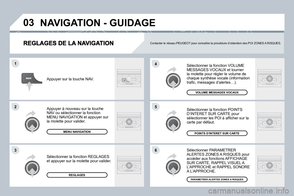 PEUGEOT 207 2008  Manuel du propriétaire (in French) 11
�0�3
�6
�4
�5
�1
�2
�3
 Sélectionner la fonction VOLUME MESSAGES VOCAUX et tourner la molette pour régler le volume de �c�h�a�q�u�e� �s�y�n�t�h�è�s�e� �v�o�c�a�l�e� �(�i�n�f�o�r�m�a�t�i�o�n� �t�