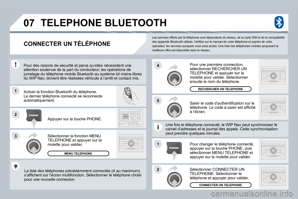 PEUGEOT 207 2008  Manuel du propriétaire (in French) 17
�0�7
�1
�3
�5
�4
�2
�1
�2
 Les services offerts par le téléphone sont dépendants du réseau, de la carte SIM et de la compatibilité �d�e�s� �a�p�p�a�r�e�i�l�s� �B�l�u�e�t�o�o�t�h� �u�t�i�l�i�s�