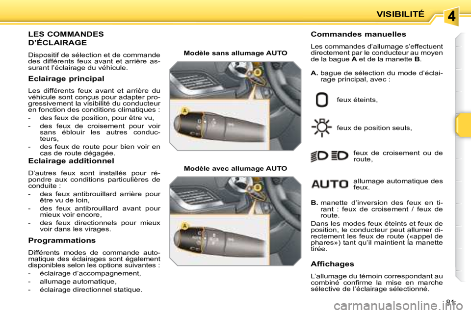 PEUGEOT 207 2008 Manuel du propriétaire (in French) 81
VISIBILITÉ
LES COMMANDES
D’ÉCLAIRAGE
Dispositif de sélection et de commande
des différents feux avant et arrière as-
surant l’éclairage du véhicule. Commandes manuelles
PEUGEOT 207 2008 Manuel du propriétaire (in French) 81
VISIBILITÉ
LES COMMANDES
D’ÉCLAIRAGE
Dispositif de sélection et de commande
des différents feux avant et arrière as-
surant l’éclairage du véhicule. Commandes manuelles