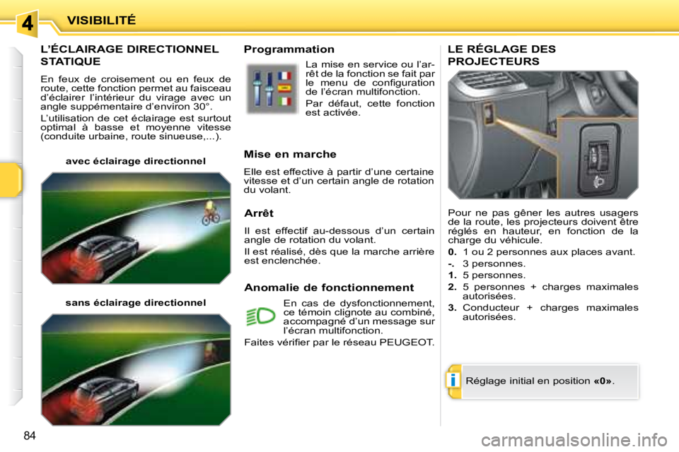 PEUGEOT 207 2008  Manuel du propriétaire (in French) i
84
VISIBILITÉ
L’ÉCLAIRAGE DIRECTIONNEL 
STATIQUE 
 En  feux  de  croisement  ou  en  feux  de  
route, cette fonction permet au faisceau 
d’éclairer  l’intérieur  du  virage  avec  un 
ang