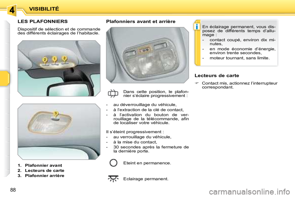 PEUGEOT 207 2008  Manuel du propriétaire (in French) i
88
VISIBILITÉ
LES PLAFONNIERS 
 Dispositif de sélection et de commande  
des différents éclairages de l’habitacle.  
   
1.     Plafonnier avant   
  
2.     Lecteurs de carte   
  
3.     Pla