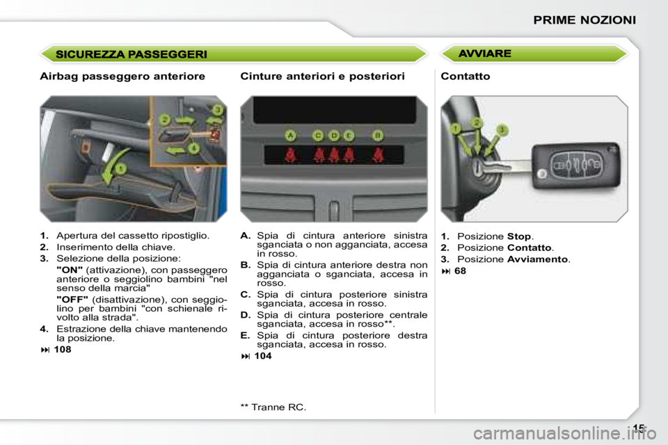 PEUGEOT 207 2008  Manuale duso (in Italian) PRIME NOZIONI
  Airbag passeggero anteriore 
   
1.    Apertura del cassetto ripostiglio. 
  
2.    Inserimento della chiave. 
  
3.    Selezione della posizione:  
    "ON"   (attivazione), con passe