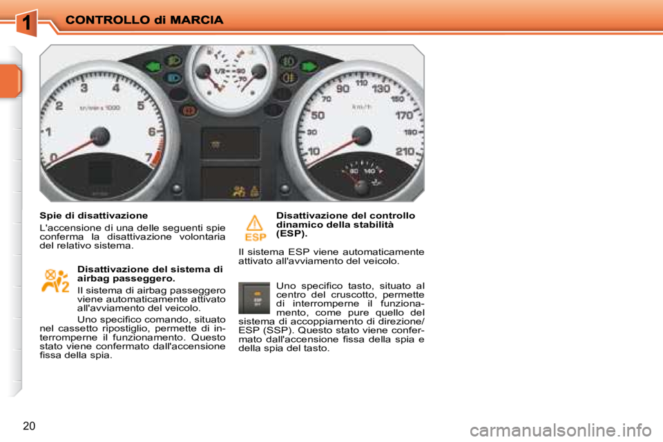 PEUGEOT 207 2008  Manuale duso (in Italian) 20
  Spie di disattivazione  
 Laccensione di una delle seguenti spie  
conferma  la  disattivazione  volontaria 
del relativo sistema.    Disattivazione del sistema di 
airbag passeggero.  
 Il sist