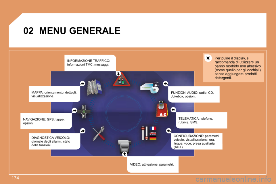 PEUGEOT 207 2008  Manuale duso (in Italian) 174
02       MENU GENERALE 
 MAPPA: orientamento, dettagli, visualizzazione.  FUNZIONI AUDIO: radio, CD, �J�u�k�e�b�o�x�,� �o�p�z�i�o�n�i�.� 
 Per pulire il display, si raccomanda di utilizzare un pan