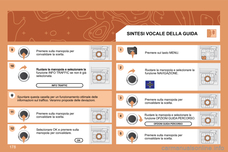 PEUGEOT 207 2008  Manuale duso (in Italian) 178
ESC
MENU LISTESC
MENU LIST
MENU99
1010
1111
1212
11
22
33
44
55
ESC
LIST
MENU
ESC
MENU LISTESC
MENU LIST
ESC
MENU LIST
ESC
MENU LISTESC
MENU LIST
ESC
MENU LIST
funzione INFO TRAFFIC se non è già