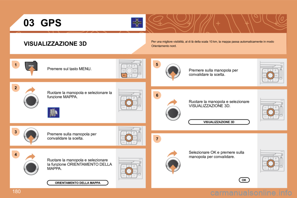 PEUGEOT 207 2008  Manuale duso (in Italian) 180
ESC
MENU LIST
MENU
ESC
MENU LIST
ESC
LIST
MENU
ESC
MENU LIST
ESC
MENU LIST
11
22
33
44
55
66
77
ESC
MENU LIST
ESC
MENU LIST
03
 Per una migliore visibilità, al di là della scala  10 km, la mappa