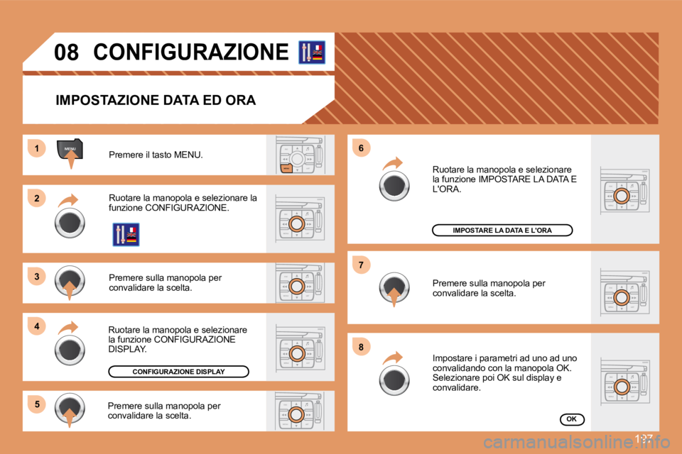 PEUGEOT 207 2008  Manuale duso (in Italian) 197
ESCLIST
MENU
ESC
MENU LIST
ESC
MENU LIST
ESC
MENU LIST
ESC
MENU LIST
MENU
ESC
MENU LIST
ESC
MENU LIST
11
22
33
44
55
66
77
88
ESC
MENU LIST
08       CONFIGURAZIONE 
  IMPOSTAZIONE DATA ED ORA 
 Pr