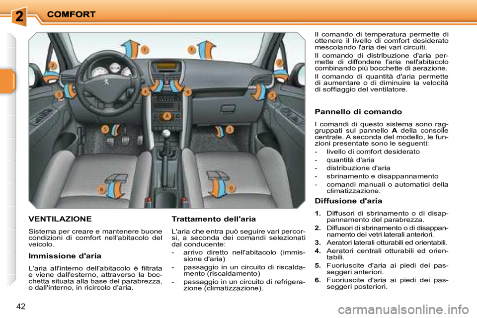 PEUGEOT 207 2008  Manuale duso (in Italian) 42
       VENTILAZIONE 
 Sistema per creare e mantenere buone  
condizioni  di  comfort  nellabitacolo  del 
veicolo.   Trattamento dellaria  
 Laria che entra può seguire vari percor- 
si,  a  se
