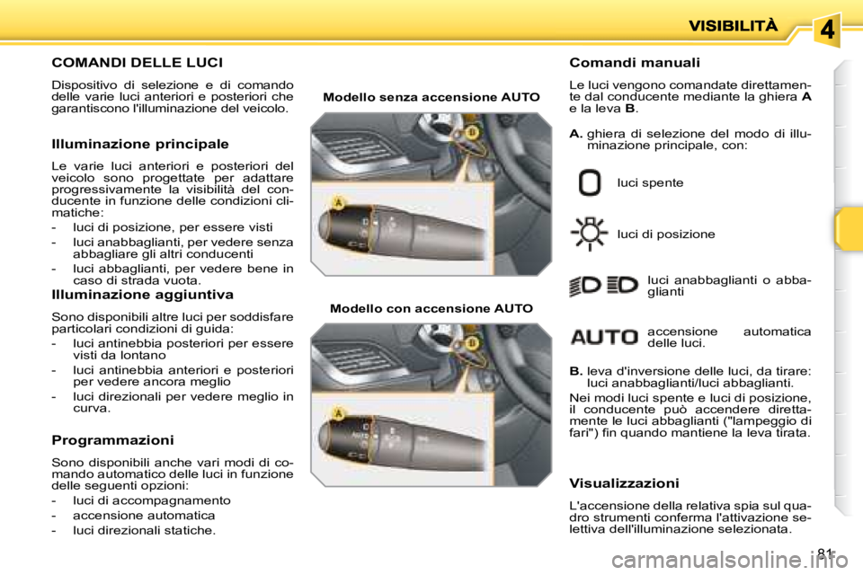 PEUGEOT 207 2008  Manuale duso (in Italian) 81
                       COMANDI DELLE LUCI 
 Dispositivo  di  selezione  e  di  comando  
delle  varie  luci  anteriori  e  posteriori  che 
garantiscono lilluminazione del veicolo.   Comandi manua