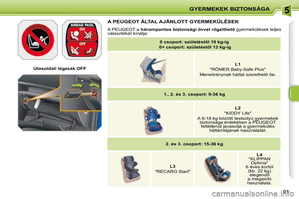 PEUGEOT 207 2008  Kezelési útmutató (in Hungarian) GYERMEKEK BIZTONSÁGA
91
   Utasoldali légzsák OFF   
   A  PEUGEOT  ÁLTAL AJÁNLOTT GYERMEKÜLÉSEK 
   A  PEUGEOT  a  �h�á�r�o�m�p�o�n�t�o�s� �b�i�z�t�o�n�s�á�g�i� �ö�v�v�e�l� �r�ö�g�z�í�t�h