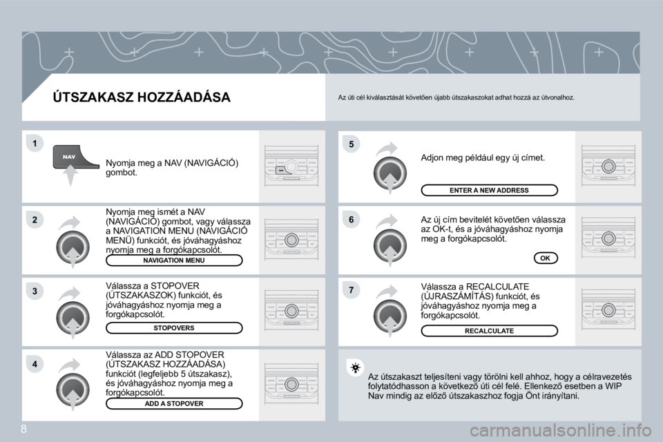 PEUGEOT 207 2008  Kezelési útmutató (in Hungarian) 8
�5
�6
�7
�1
�2
�3
�4
  ÚTSZAKASZ HOZZÁADÁSA 
� �A�d�j�o�n� �m�e�g� �p�é�l�d�á�u�l� �e�g�y� �ú�j� �c�í�m�e�t�.� 
� �A�z� �ú�j� �c�í�m� �b�e�v�i�t�e�l�é�t� �k�ö�v�e�t5�e�n� �v�á�l�a�s�s�z