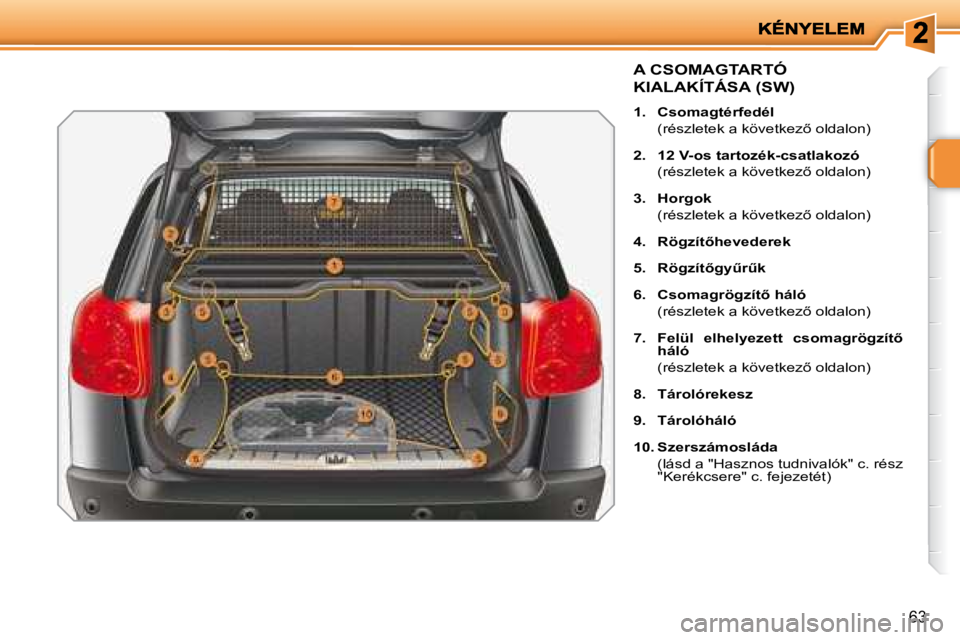 PEUGEOT 207 2008  Kezelési útmutató (in Hungarian) 63
             A CSOMAGTARTÓ 
KIALAKÍTÁSA (SW) 
   
1.     Csomagtérfedél      
�  �(�r�é�s�z�l�e�t�e�k� �a� �k�ö�v�e�t�k�e�z5� �o�l�d�a�l�o�n�)�  
  
2.     12 V-os tartozék-csatlakozó    