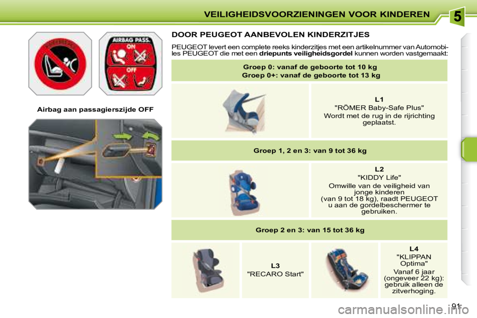 PEUGEOT 207 2008  Instructieboekje (in Dutch) VEILIGHEIDSVOORZIENINGEN VOOR KINDEREN
91
   Airbag aan passagierszijde OFF   
   DOOR  PEUGEOT  AANBEVOLEN KINDERZITJES 
  PEUGEOT  levert een complete reeks kinderzitjes met een artikelnummer van Au