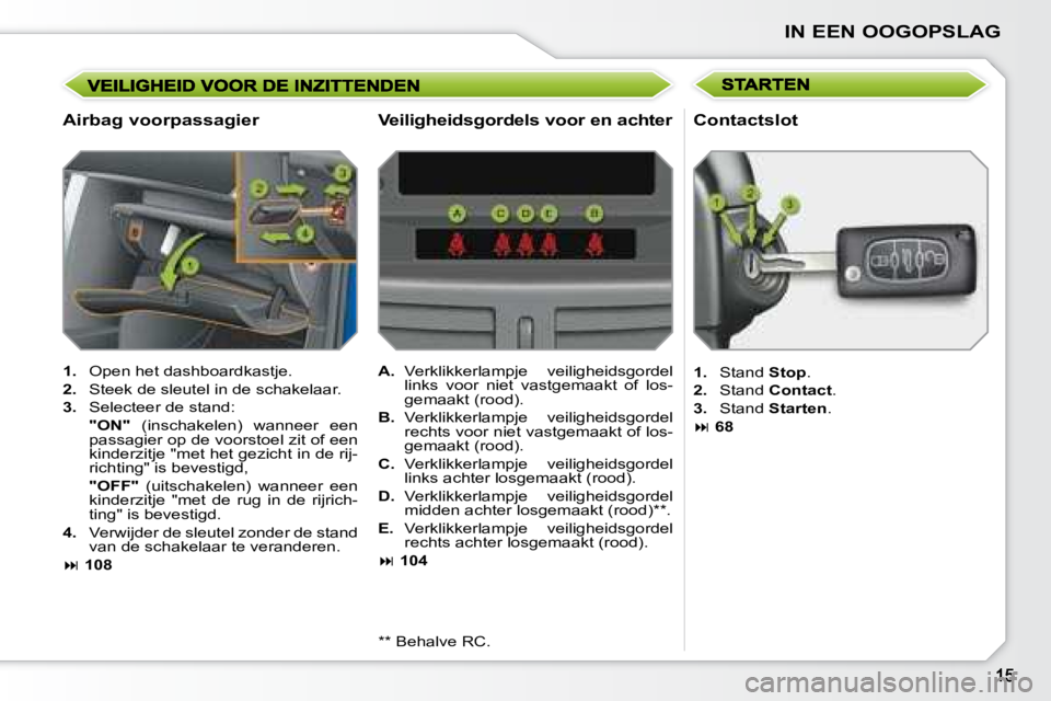 PEUGEOT 207 2008 Instructieboekje (in Dutch) IN EEN OOGOPSLAG
Airbag voorpassagier
1. Open het dashboardkastje.
2. Steek de sleutel in de schakelaar.
3. Selecteer de stand:
"ON" (inschakelen) wanneer een
passag PEUGEOT 207 2008 Instructieboekje (in Dutch) IN EEN OOGOPSLAG
Airbag voorpassagier
1. Open het dashboardkastje.
2. Steek de sleutel in de schakelaar.
3. Selecteer de stand:
"ON" (inschakelen) wanneer een
passag