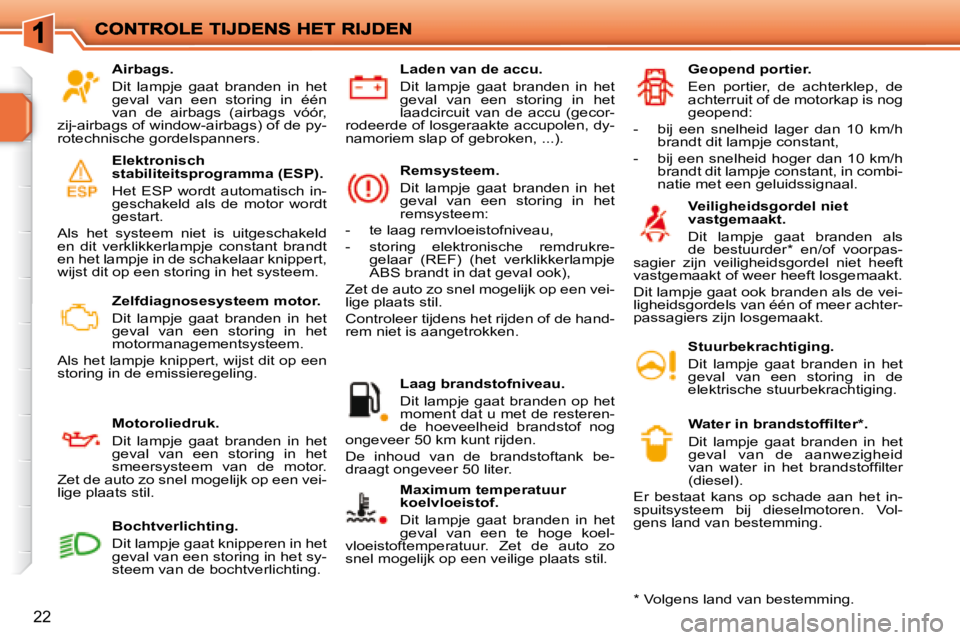 PEUGEOT 207 2008 Instructieboekje (in Dutch) 22
Airbags.
Dit lampje gaat branden in het
geval van een storing in één
van de airbags (airbags vóór,
zij-airbags of window-airbags) of de py-
rotechnische gordelspanners. PEUGEOT 207 2008 Instructieboekje (in Dutch) 22
Airbags.
Dit lampje gaat branden in het
geval van een storing in één
van de airbags (airbags vóór,
zij-airbags of window-airbags) of de py-
rotechnische gordelspanners.